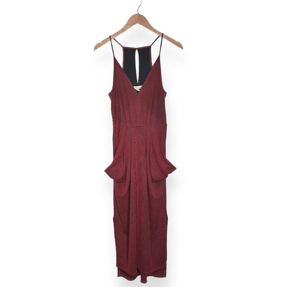 BCBGENERATION Draped Rib Knit Faux Wrap Midi Dress Spaghetti Strap Red - Picture 8 of 9